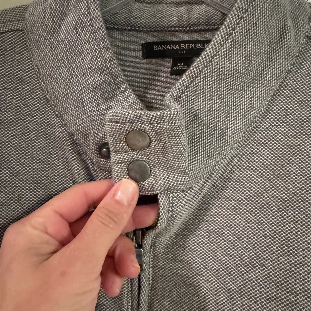 Banana Republic Mens Medium Gray Full Zip‎ Band Collar Pockets Long Sleeve